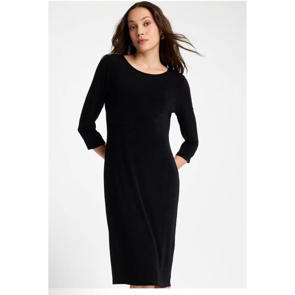 Chicos Travelers Black Boat Neck Midi Dress 3/4 Sleeve M 8-10 Wrinkle Free